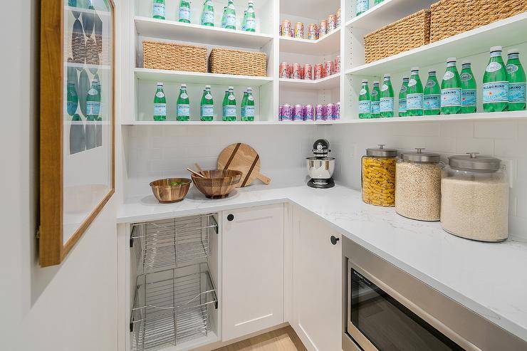 open shelving pantry sparkling water marble countertop baskets