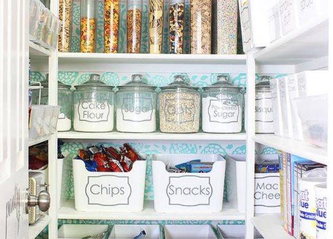labeled bins and glass jars in pantry blue patterned wallpaper background