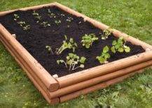 landscaping timbers raised garden bed on grass fresh soil few plants