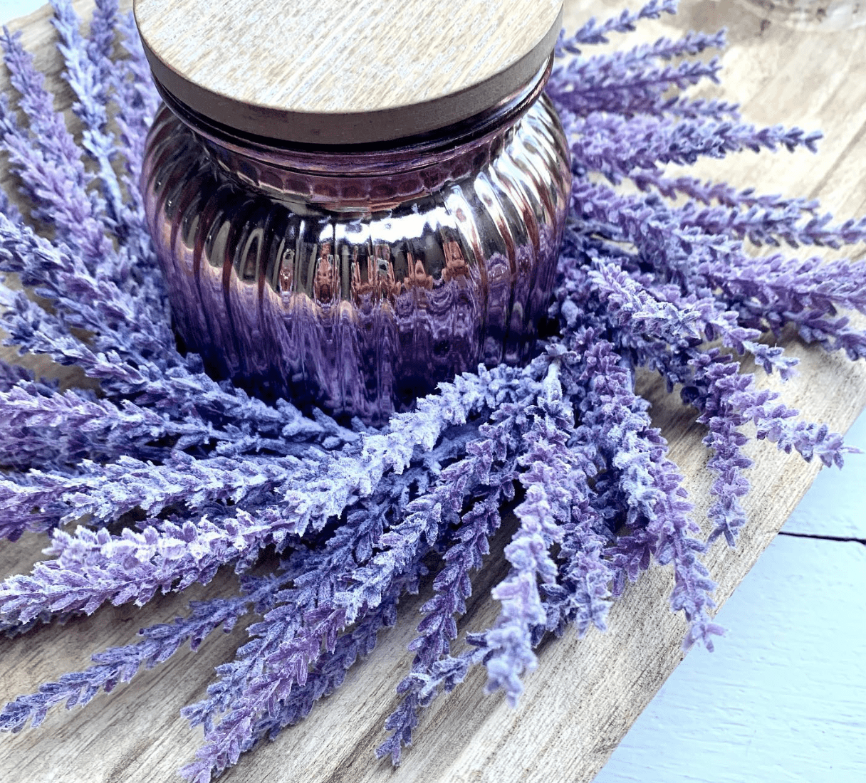 lavender wreath candle ring jar with lid close up