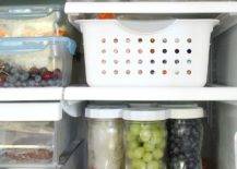inside of fridge close up plastic bins lazy susan