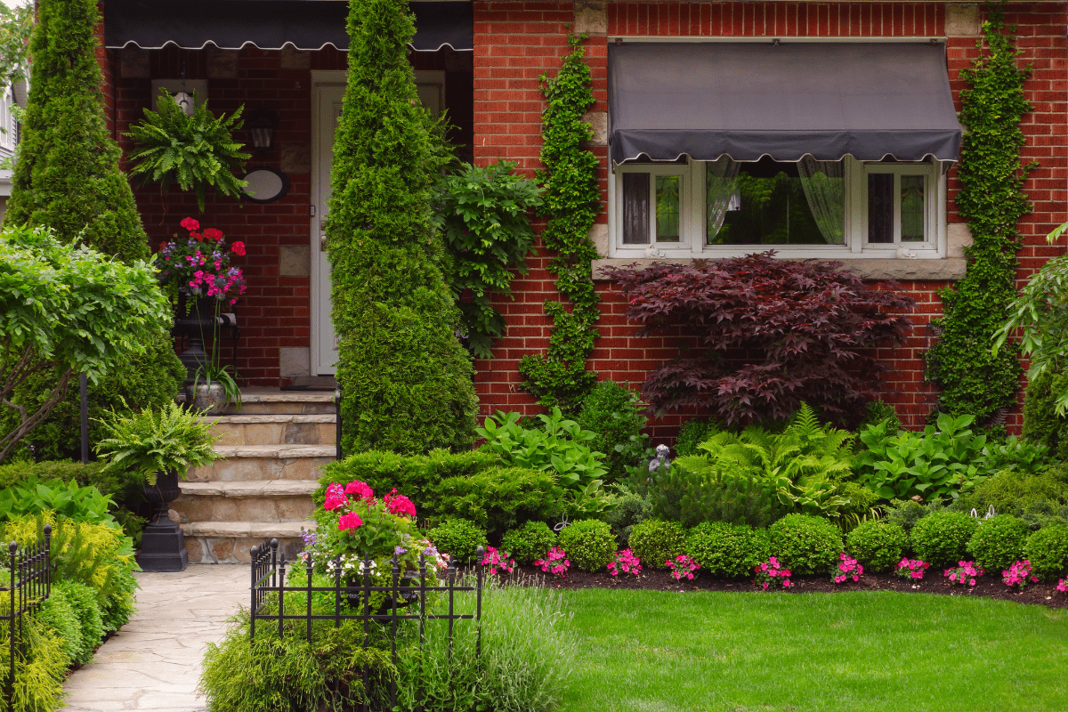 front red brick house window awning shrubs pink flowers steps cedar trees