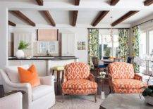 orange sitting chairs white chair pillow living room wood beams kitchen