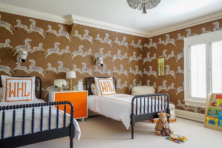 boys bedroom zebra pattern wallpaper twin beds orange nightstand