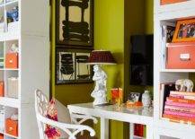 green wall office orange accents storage boxes white chair