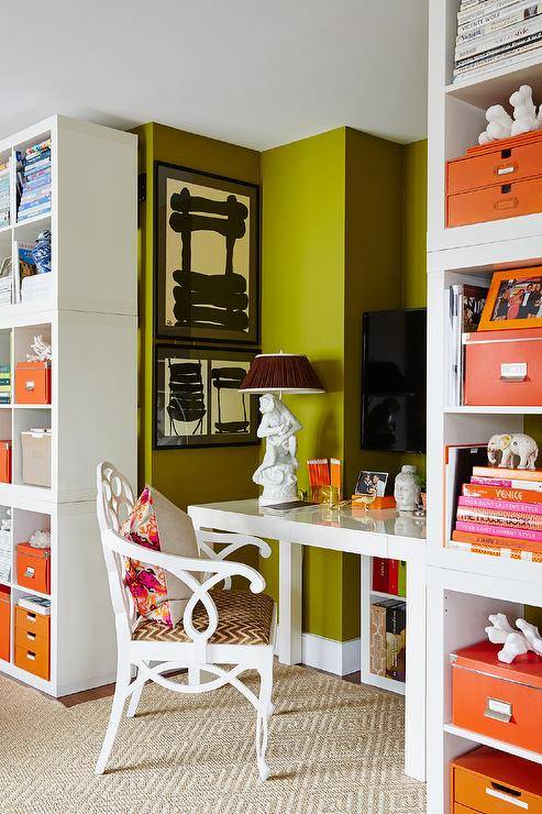 green wall office orange accents storage boxes white chair