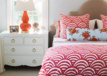 Orange and red bedroom bed lamp nightside table scallop comforter pillows