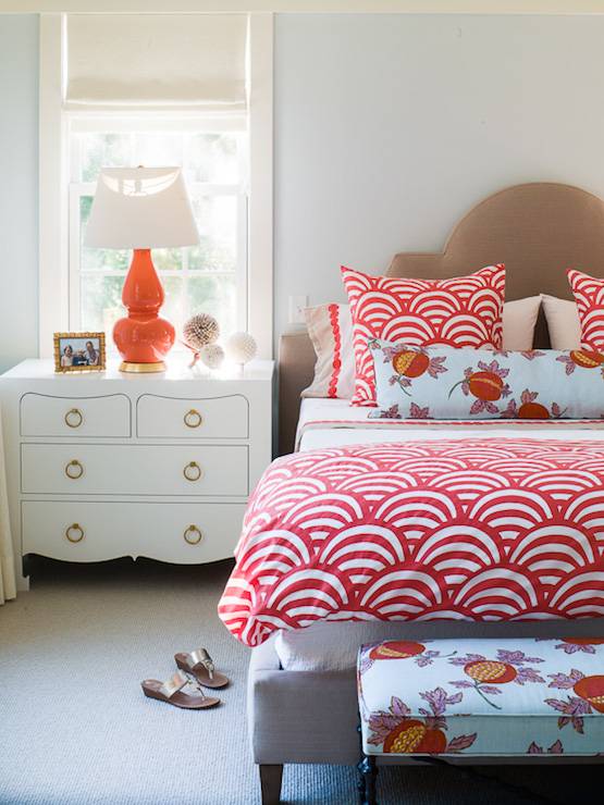 Orange and red bedroom bed lamp nightside table scallop comforter pillows