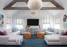 teal and orange living room curtains carpet tv wood beams white light