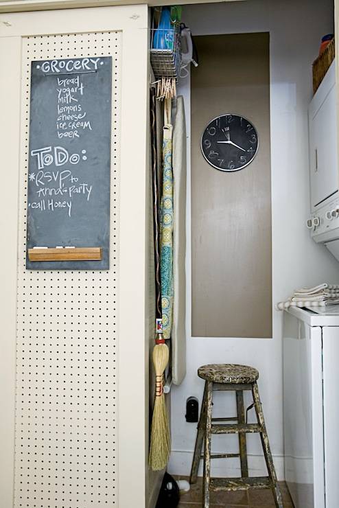 pegboard wall laundry room chalkboard stool