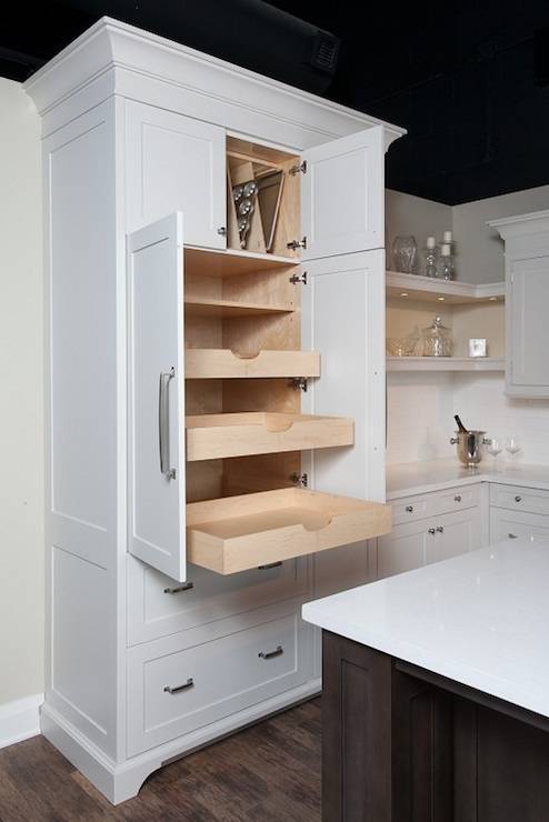 pull out shelves pantry cabinetry white kitchen