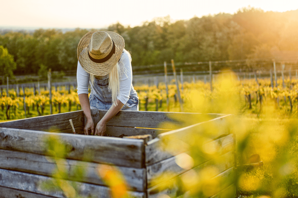 recycled pallet wood raised garden bed woman bending over wearing stray hat overalls