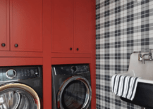 black and red laundry room washer and dryer plaid wallpaper black sink