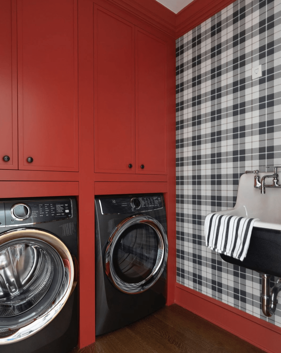 black and red laundry room washer and dryer plaid wallpaper black sink