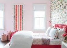 red and pink bedroom bed with white bedding wallpaper girl's room