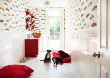 red and white mudroom with subway tile dogs and dog bed car wallpaper