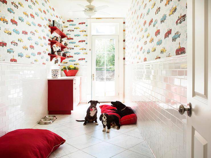 red and white mudroom with subway tile dogs and dog bed car wallpaper