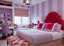 red and purple teen's bedroom velvet headboard desk and office space