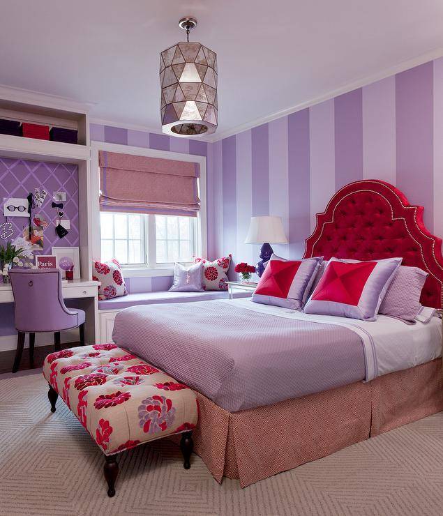 red and purple teen's bedroom velvet headboard desk and office space