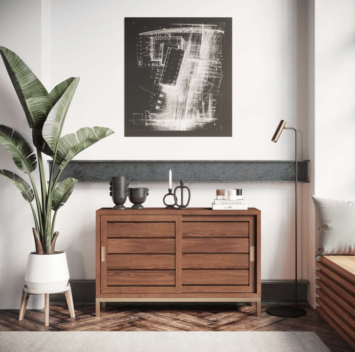 sideboard plant lamp and wall art wood
