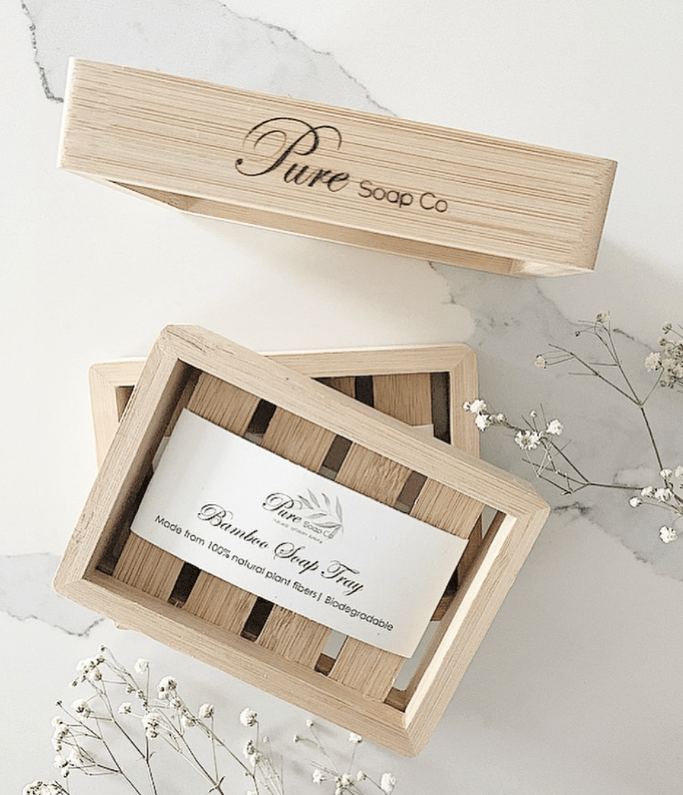 soap tray with wood burn and label on marble background baby's breath
