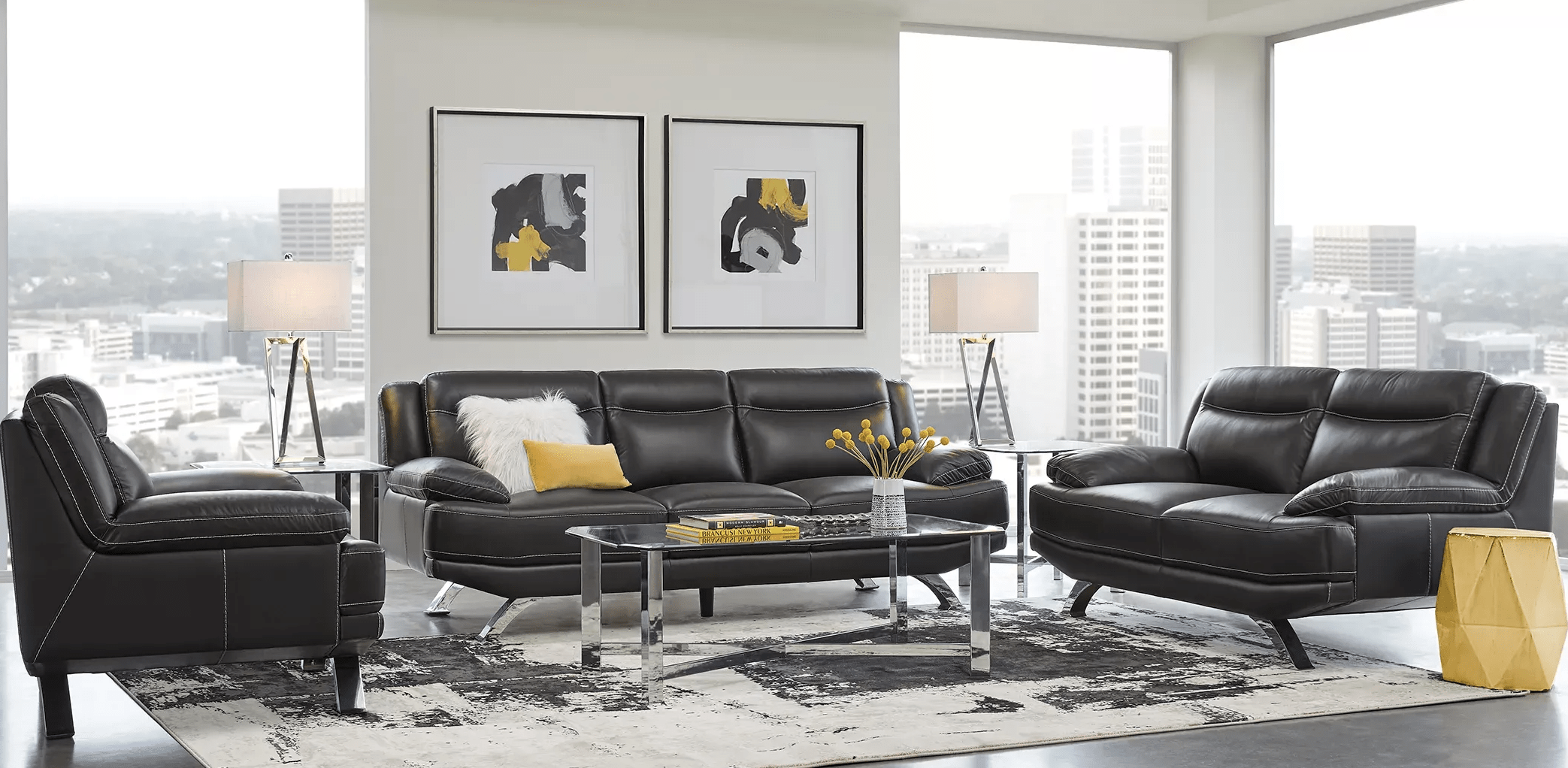 black leather sofa and couch in living room with yellow accents 