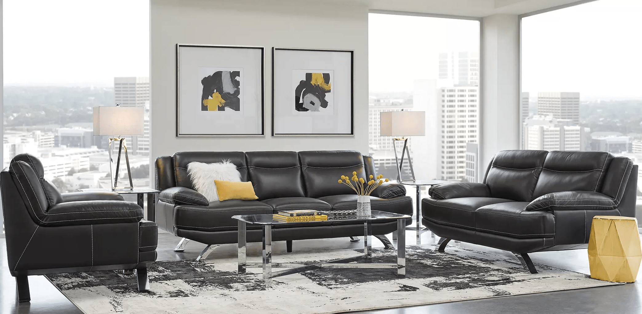 black leather sofa and couch in living room with yellow accents