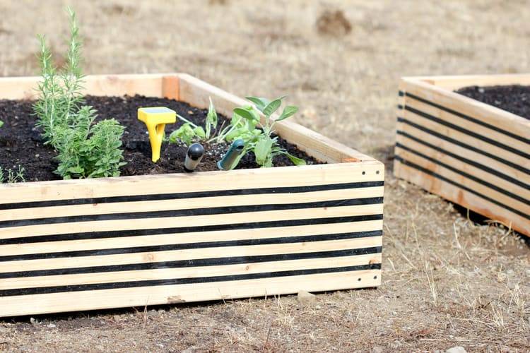 black and wood striped raised garden bed with top soil