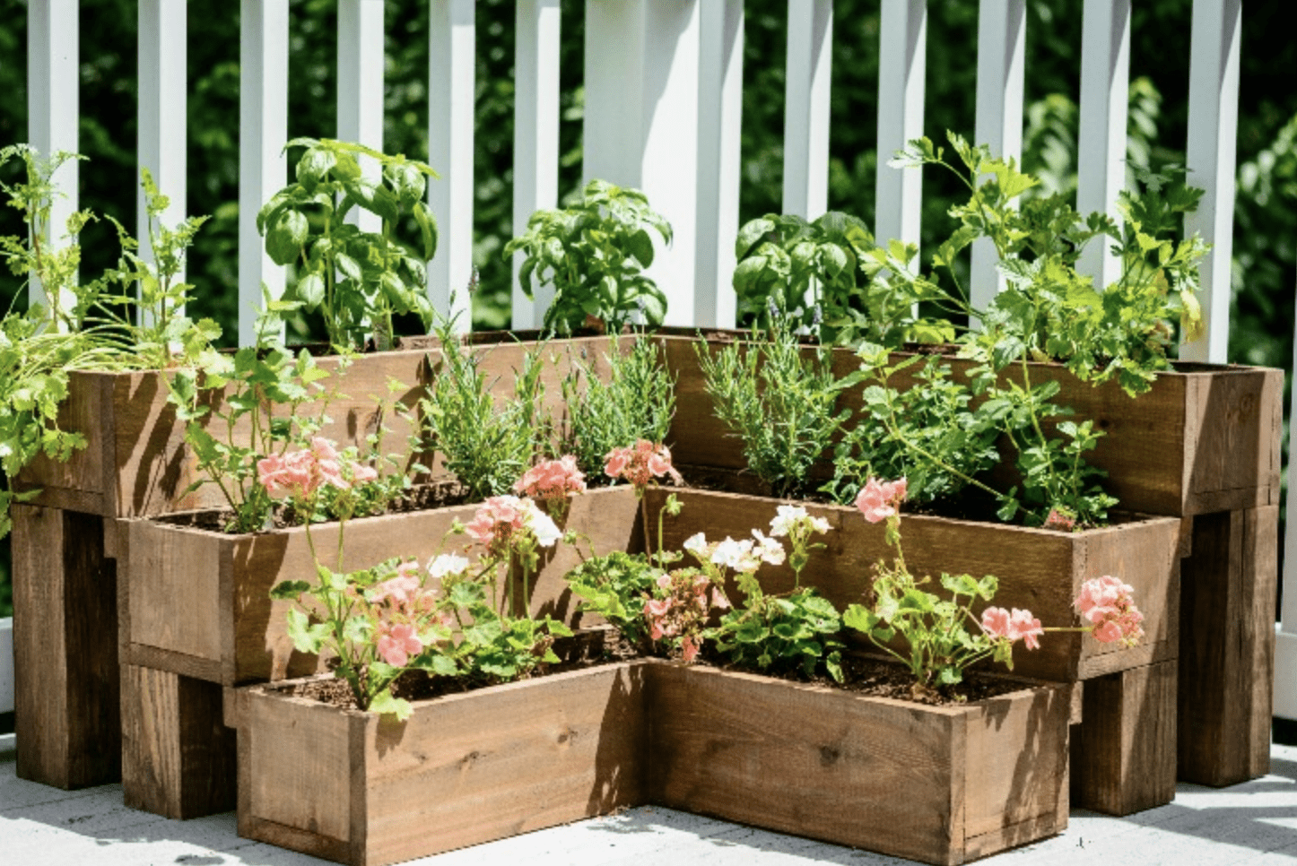 corner tiered herb garden along white fence wood boxes plants