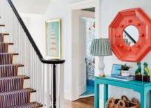Stairs in entryway with turquoise table hexagon red mirror basket stair runner table lamp