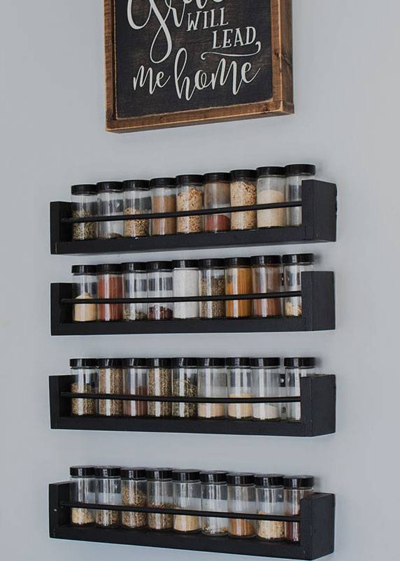 wall mounted black spice rack clear jars