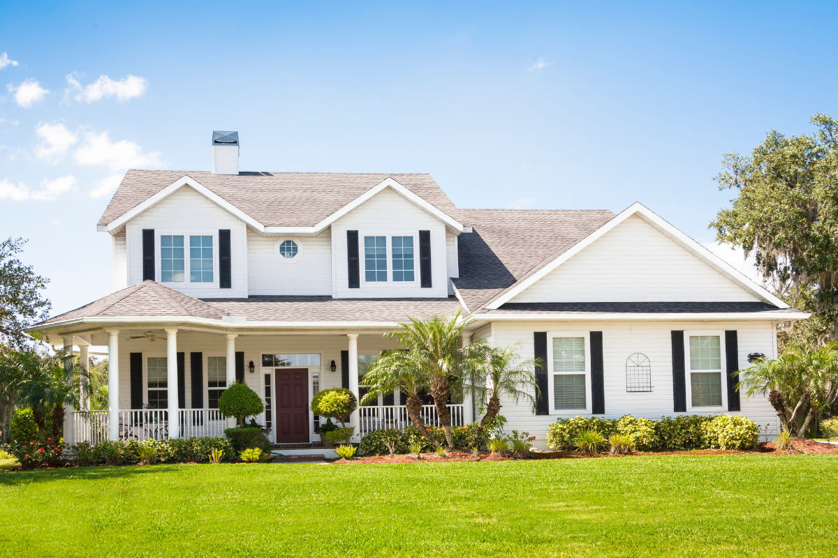 white siding house black shutters large front yard palm trees shrubs sunny day