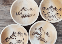 wood burnt bowls mountain designs flowers bear forest