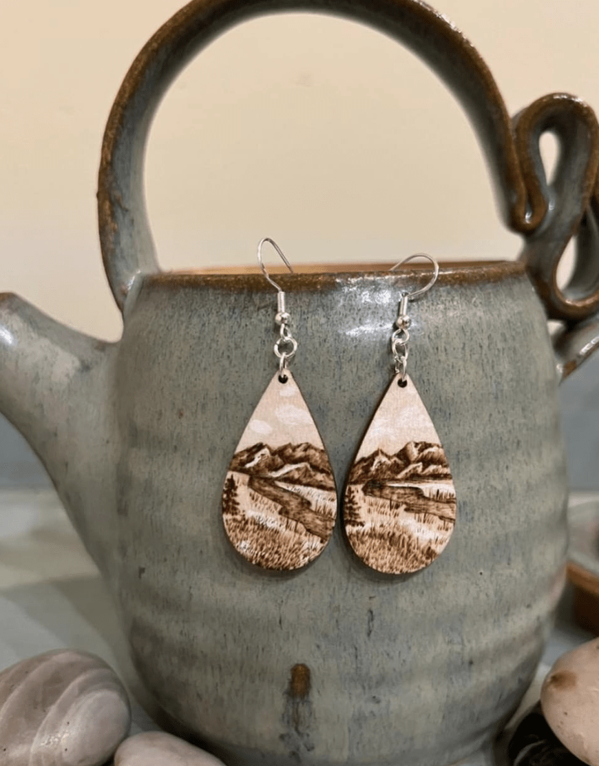 wood burnt earrings hanging for tea kettle