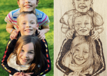 wood burnt family kids photo stacked up