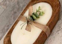 wood dough bowl candle with greenery
