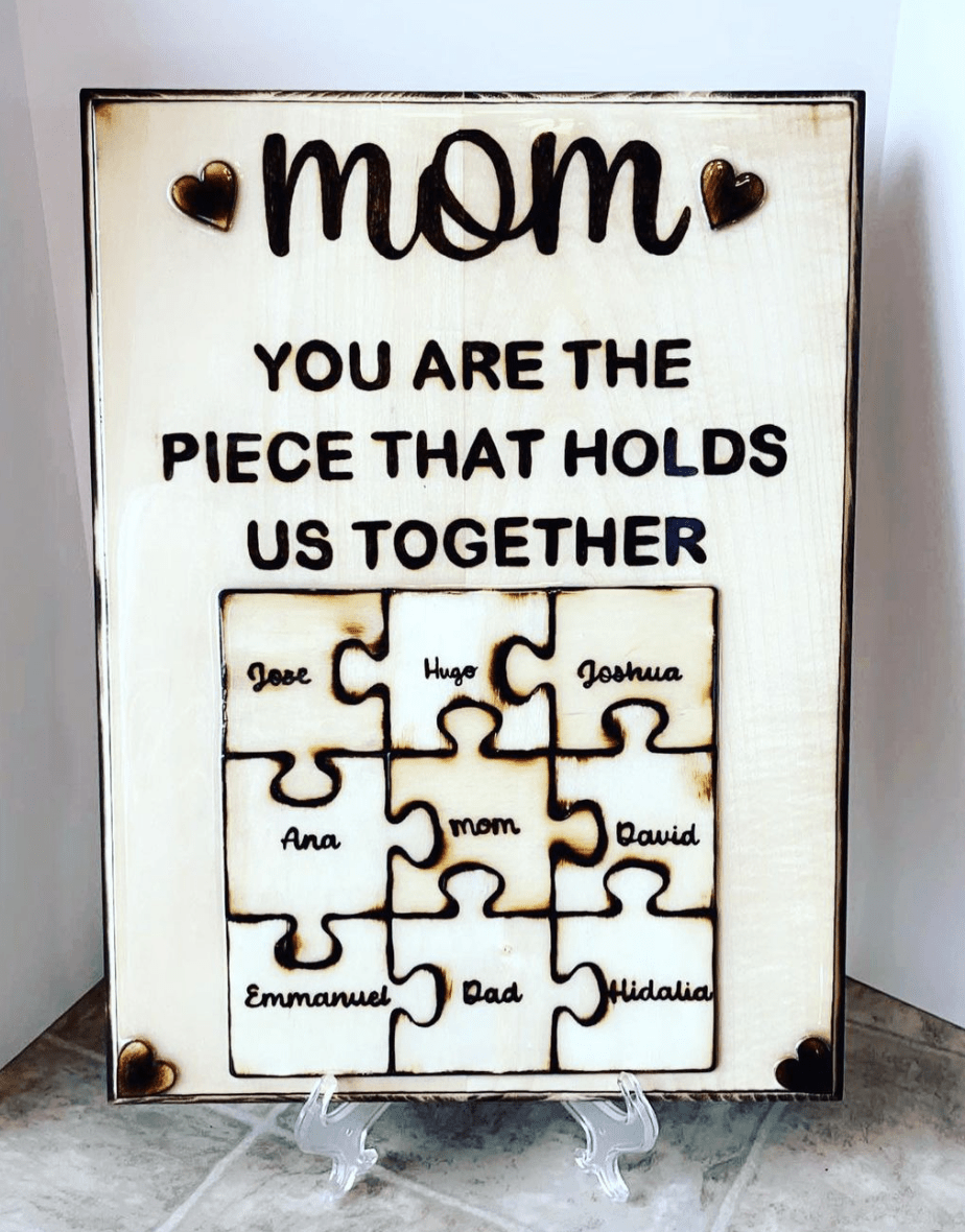mom wood burnt puzzle pieces