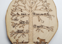 wood burnt family tree round log slice