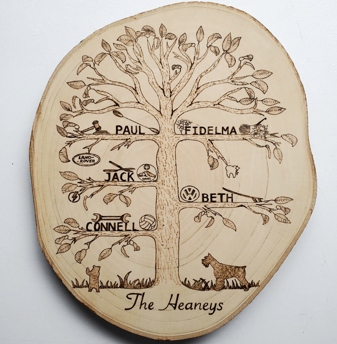 wood burnt family tree round log slice