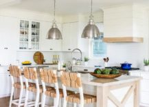 barn x island with seagrass bar stools silver hanging pendants
