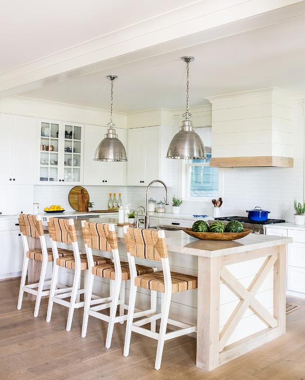 barn x island with seagrass bar stools silver hanging pendants