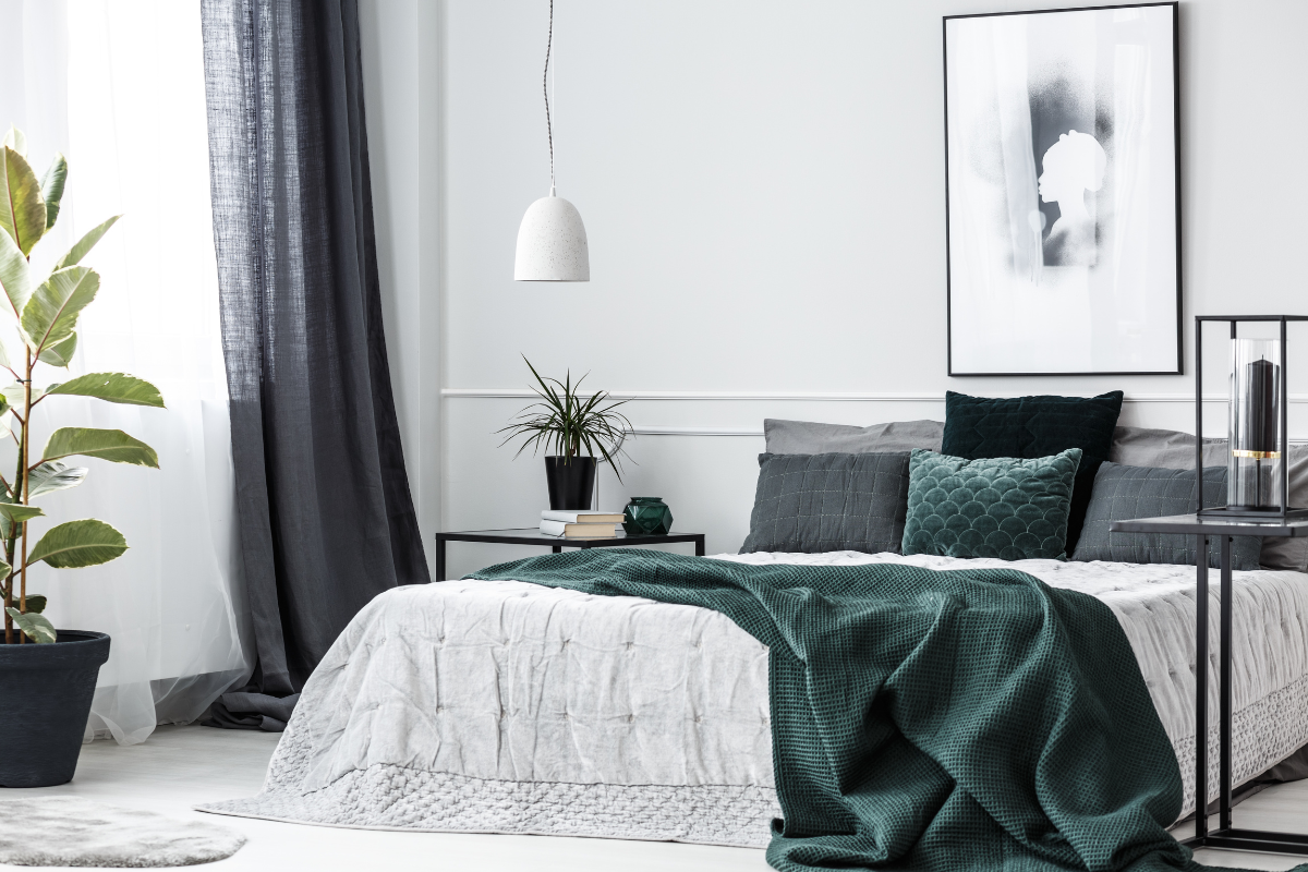 dark grey and green bedroom