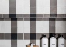 black and white buffalo check tiles and a rectangular tiled shower