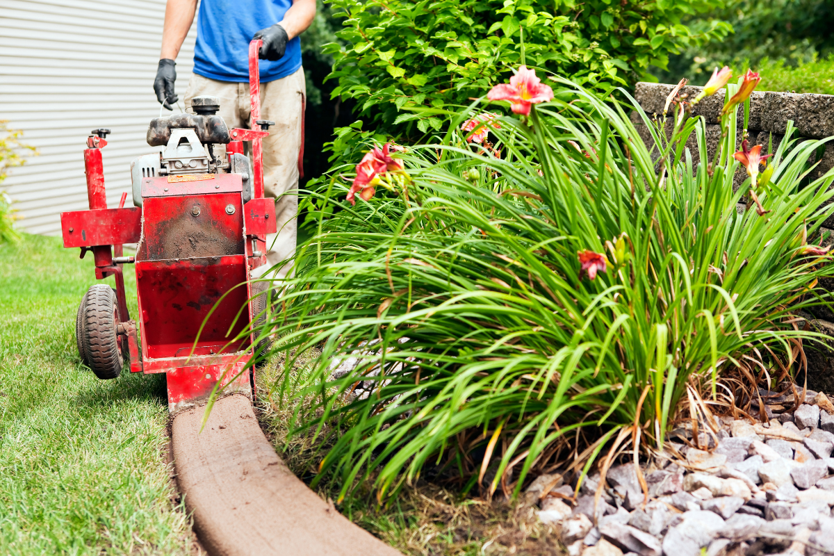 worker using curbing machine to install concrete edging around garden bed