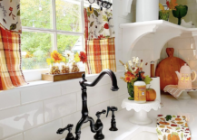 cafe curtains fall theme hanging in kitchen window white counter tops and open shelving decorated with orange for fall