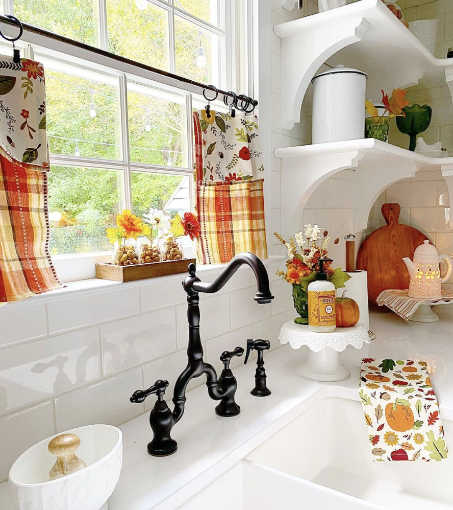 cafe curtains fall theme hanging in kitchen window white counter tops and open shelving decorated with orange for fall