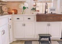 white kitchen cabinets copper apron sink drop cloth curtains old scale fresh cut flowers bread box
