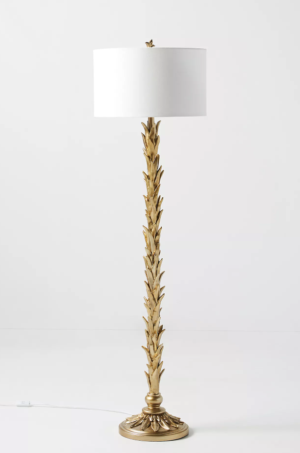gold brass floor lamp with white shade