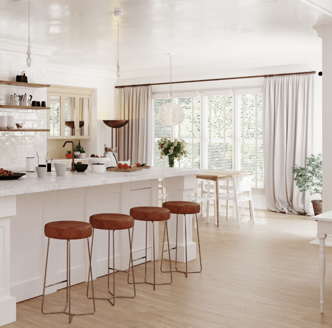 large white kitchen island with leather backless stools large window with floor to ceiling curtains