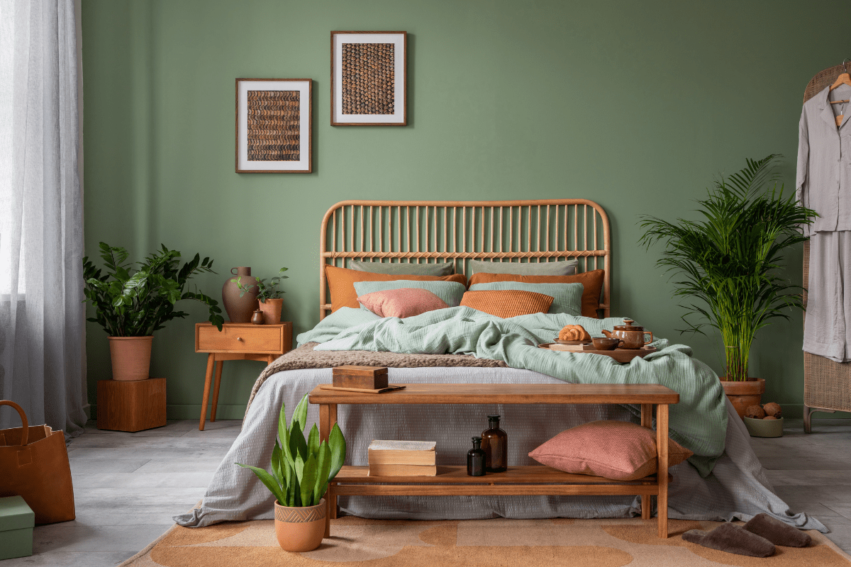 green terracotta brown color scheme bedroom with wood rattan bed pots amber glass